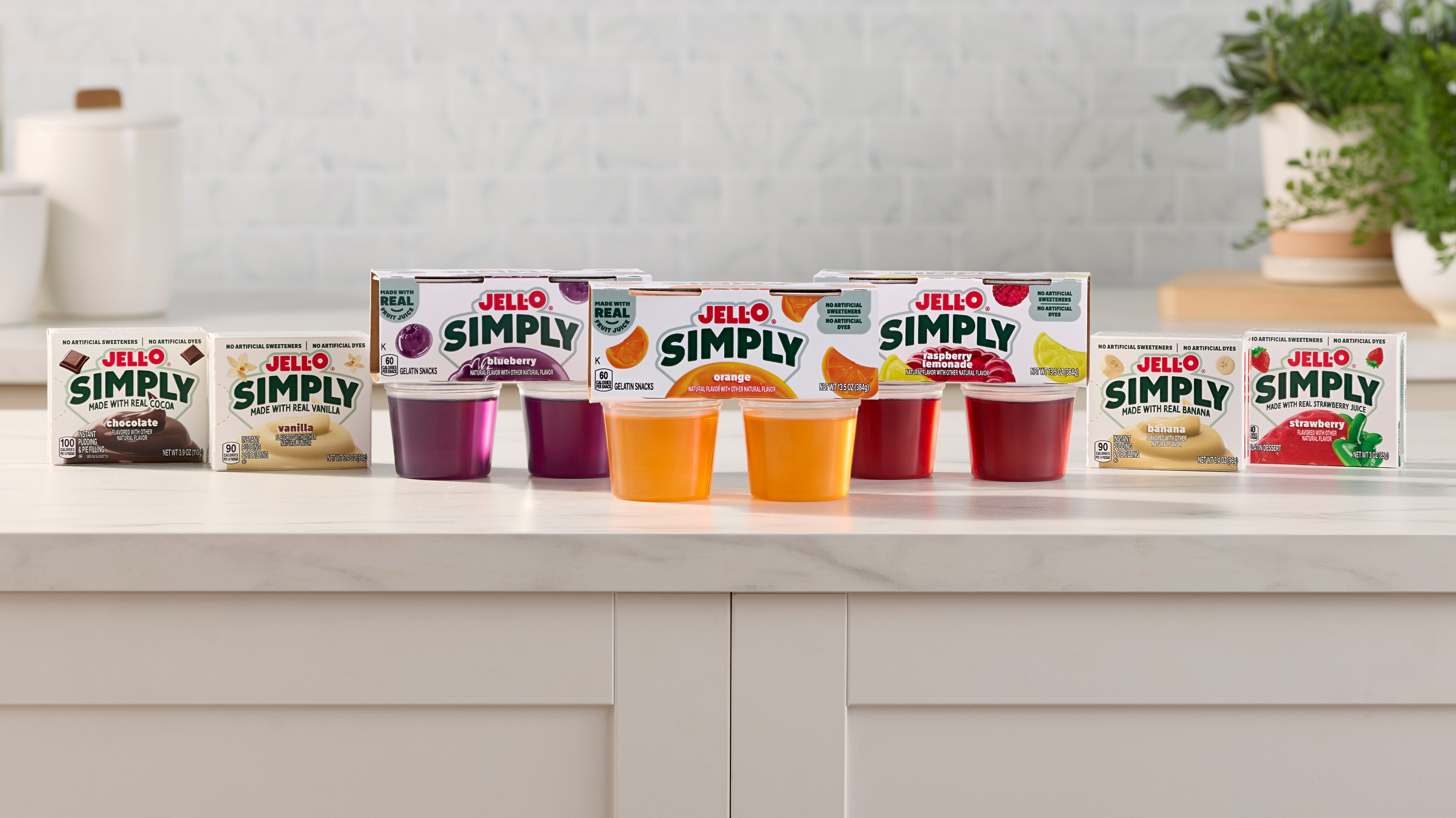 JELL-O Simply dessert products displayed in a colorful promotional arrangement