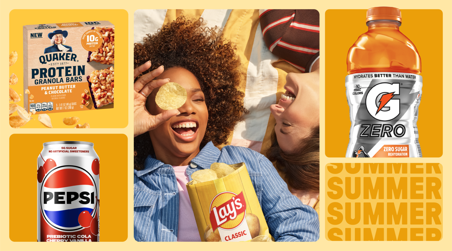 Friends sharing Lay’s potato chips alongside Quaker protein granola bars, Pepsi and Gatorade during summer